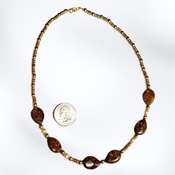 Handmade Brown Polished Gemstone Beaded Necklace Gold Tone Artisan Boho Jewelry - Picture 4 of 7